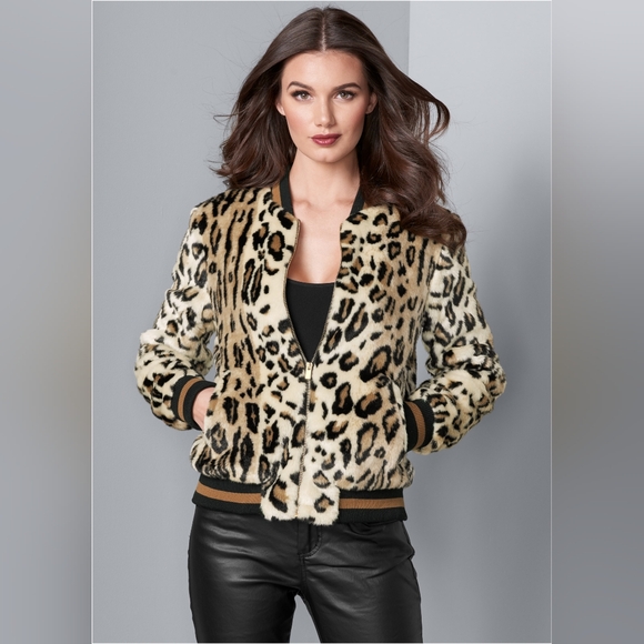 VENUS Animal Print Faux Fur Bomber Jacket - Picture 1 of 5